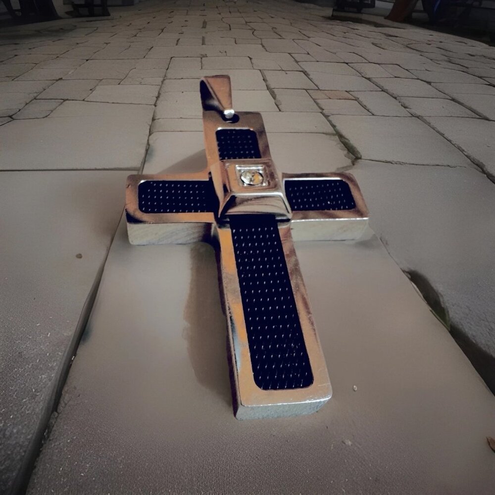 Stainless Steel Cross Pendant Necklace Large Modern Christian Cross Silver Tone